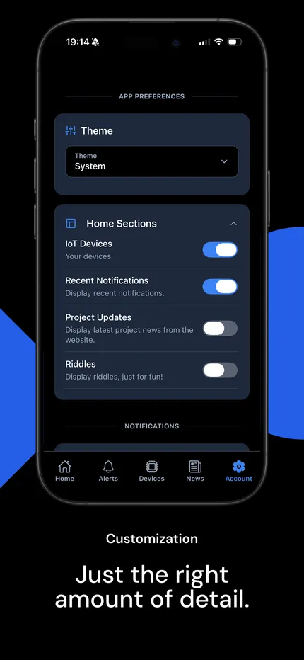Notificator App Store preview showing theme and home-section customisation controls