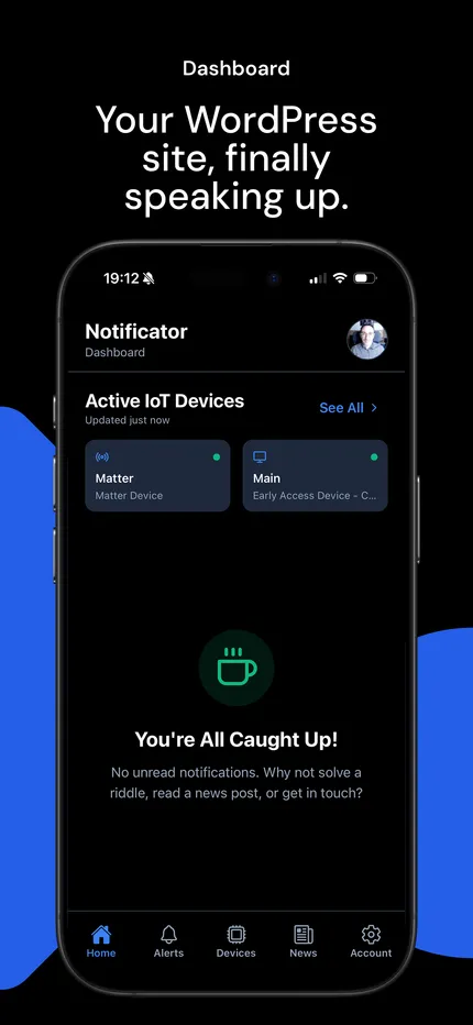 Notificator App Store preview showing the mobile dashboard with active IoT devices and an all-caught-up state