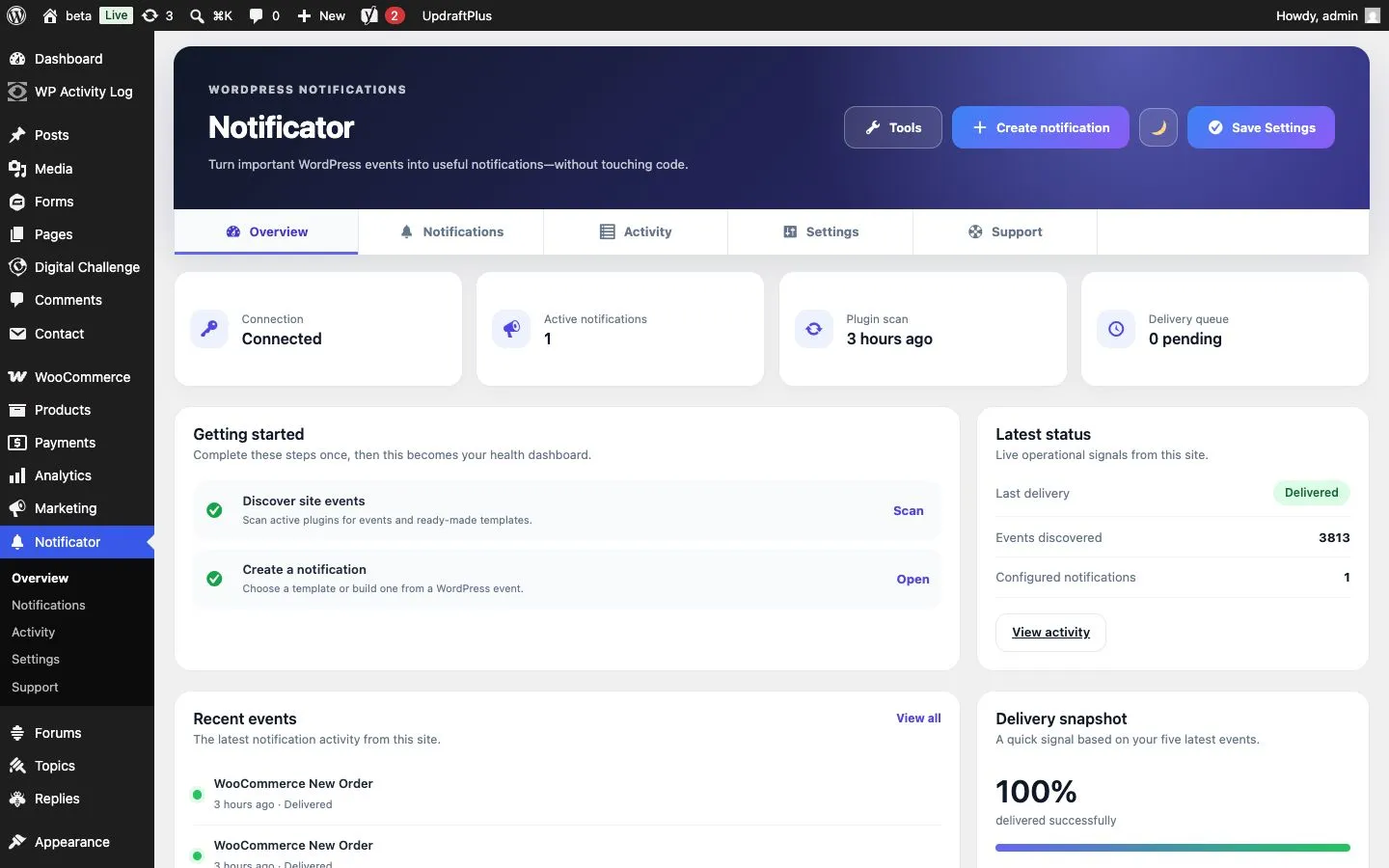 The redesigned Notificator 1.1 overview inside the WordPress dashboard
