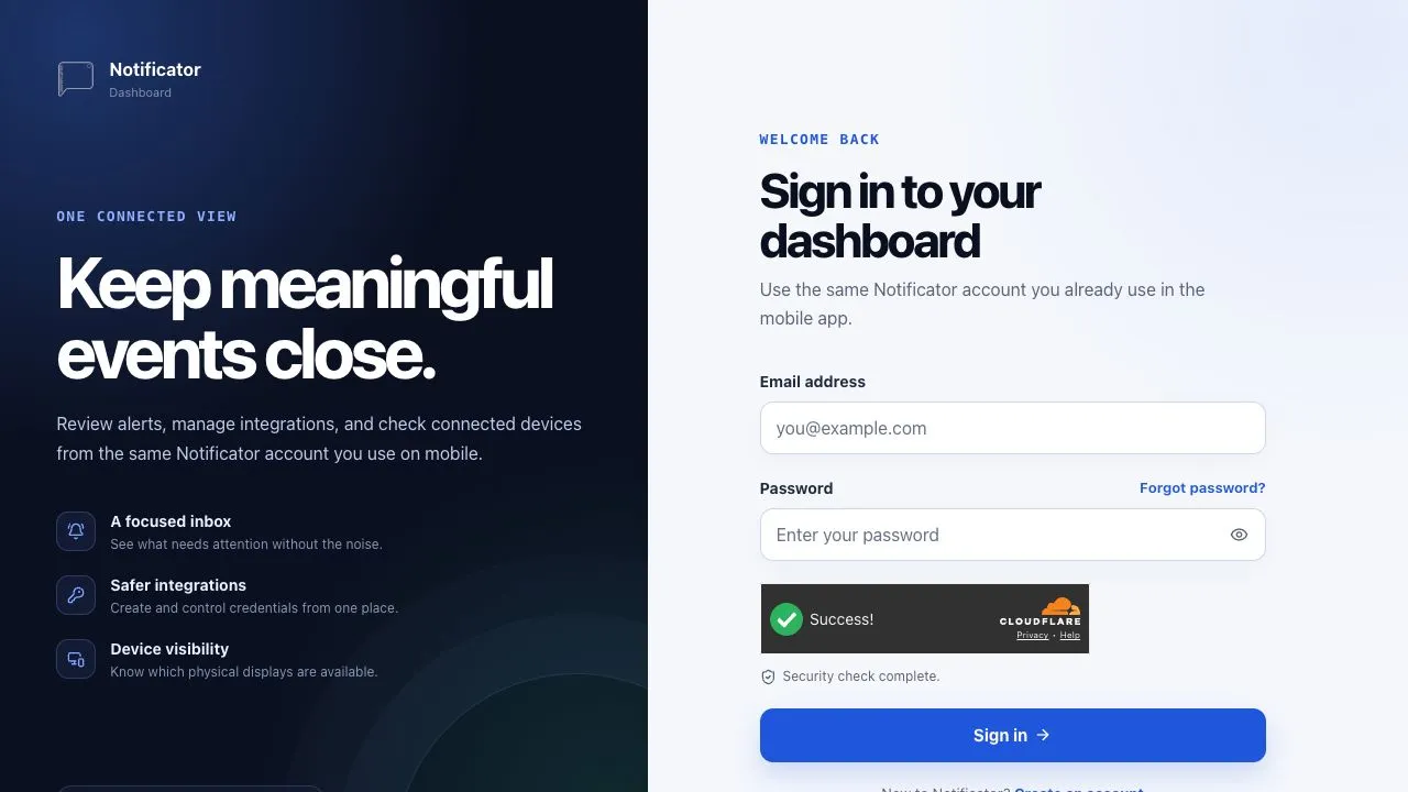 Notificator dashboard landing page with product overview and sign-in form