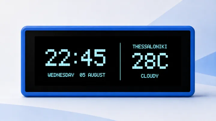 A blue Notificator Touch device showing 22:45 on Wednesday 05 August and cloudy 28 degree weather for Thessaloniki