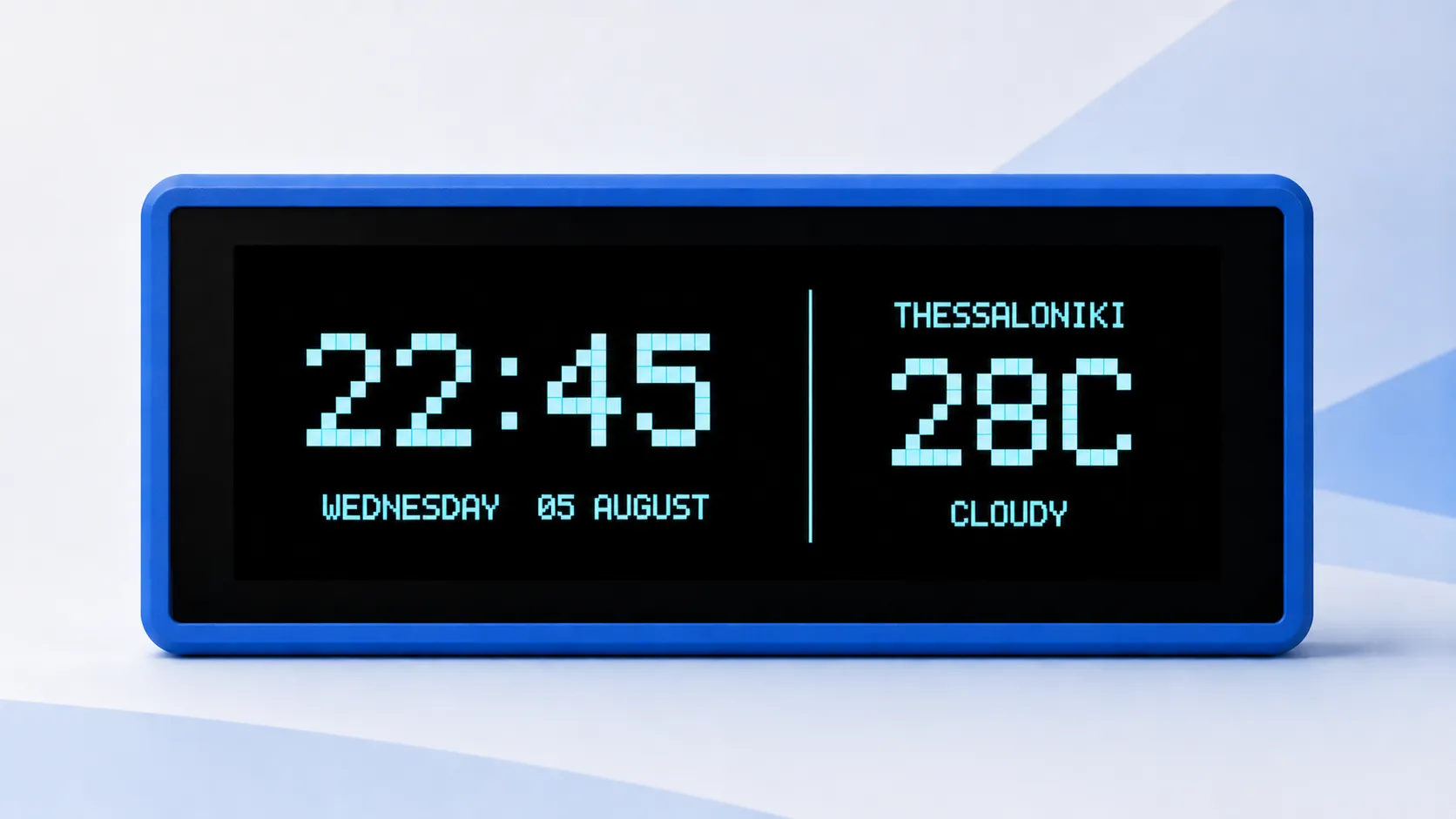 A matching Notificator Touch device showing its digital clock and Thessaloniki weather interface