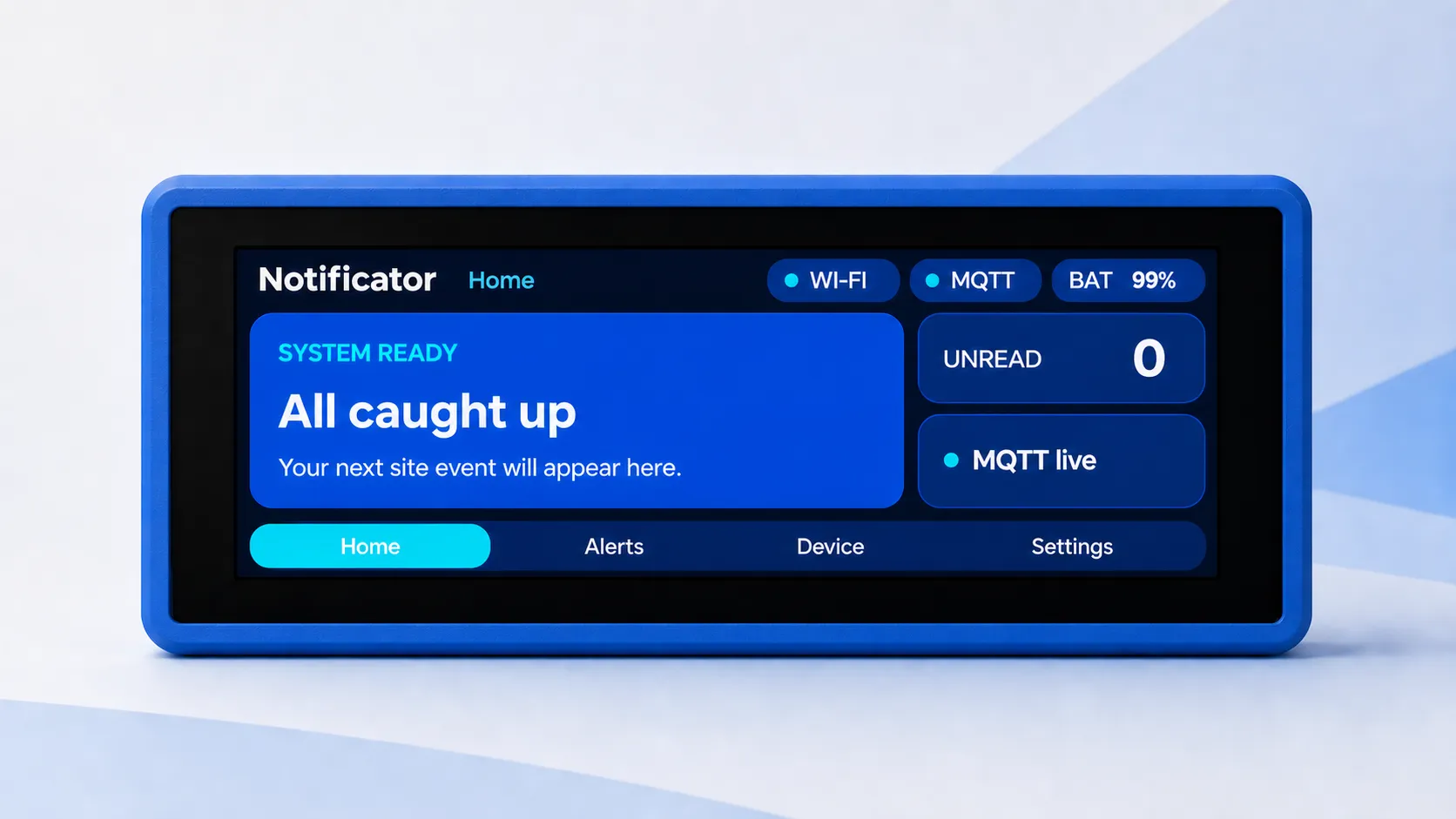 A blue Notificator Touch device showing its connected Home interface