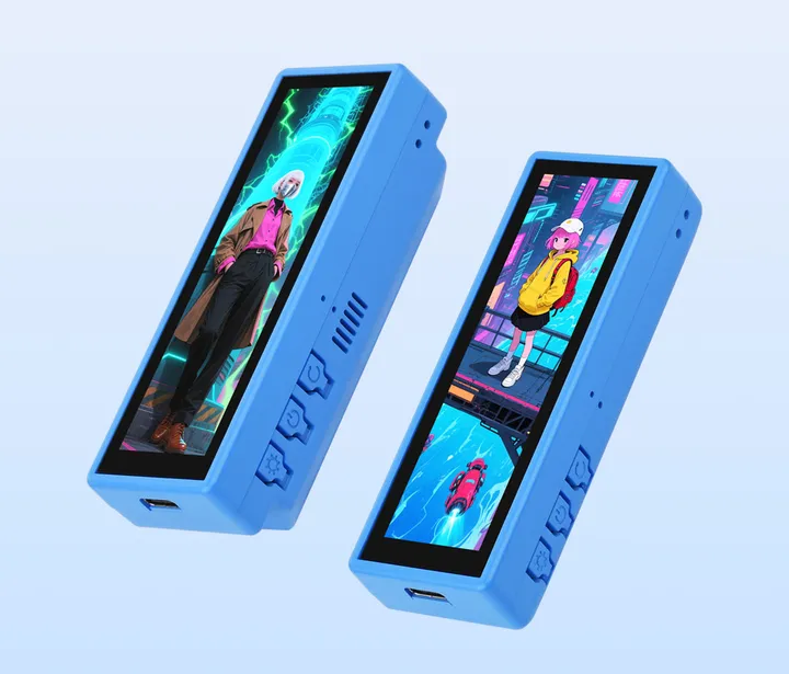 Official Waveshare product image showing two blue ESP32-S3 Touch LCD 3.49 devices and their physical controls